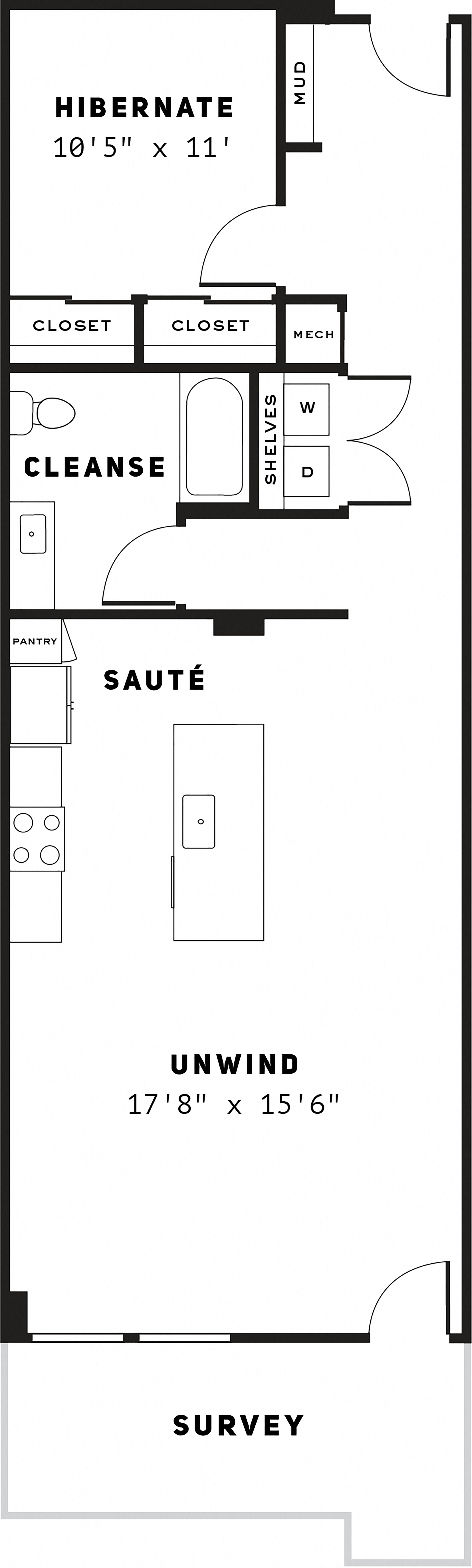 Floor plan for 1 bed, 1 bath, 976 sqft